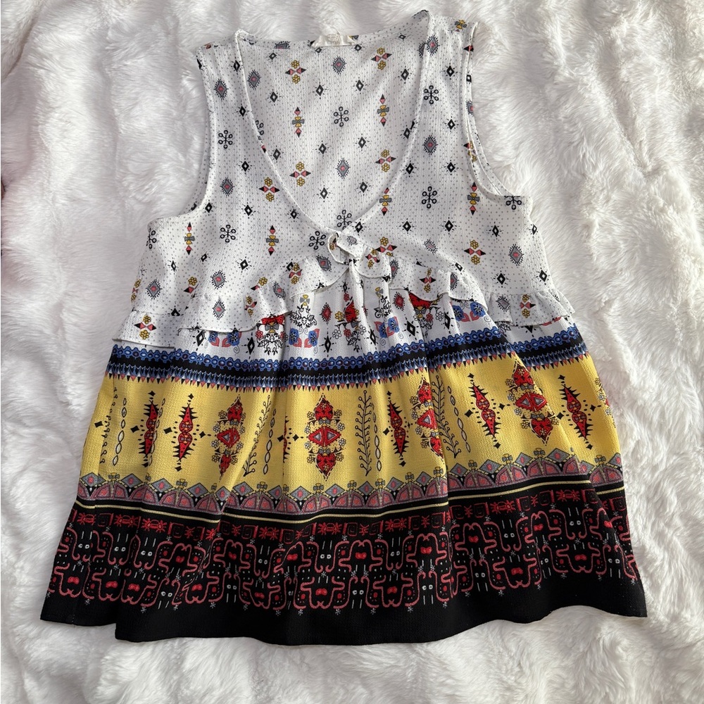 Entro women’s Boho Patterned Top in White, Yellow, and Black | Size M